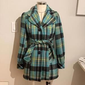 Mac & Jac Plaid Wool Blend Jacket Women's S‎ Turquoise Y2K